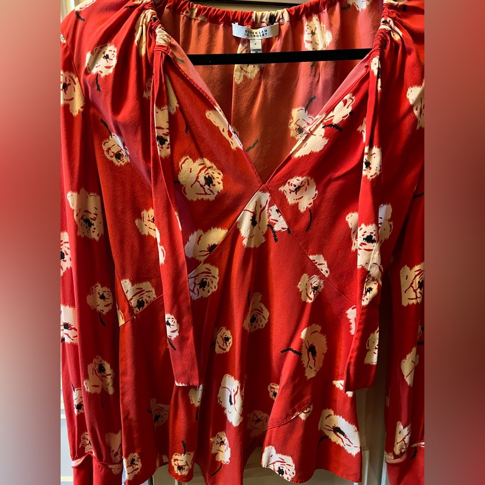 Chic silk tie neck Derek Lam blouse in red/white